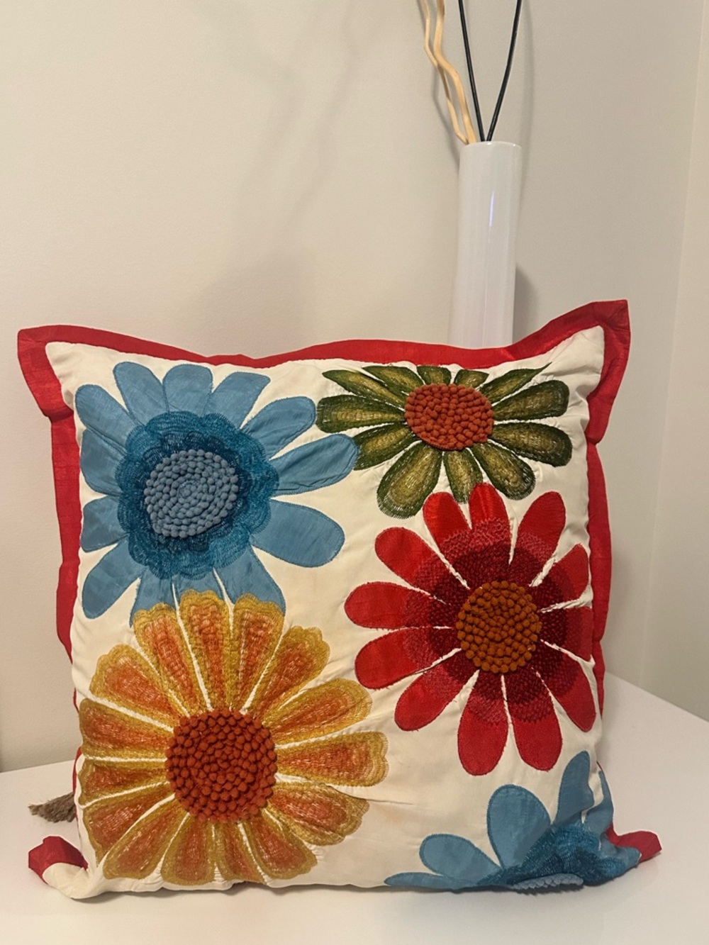 Pier 1 Imports Embroidered Floral Pillow (1) Red Blue Green Yellow
18"x 18"